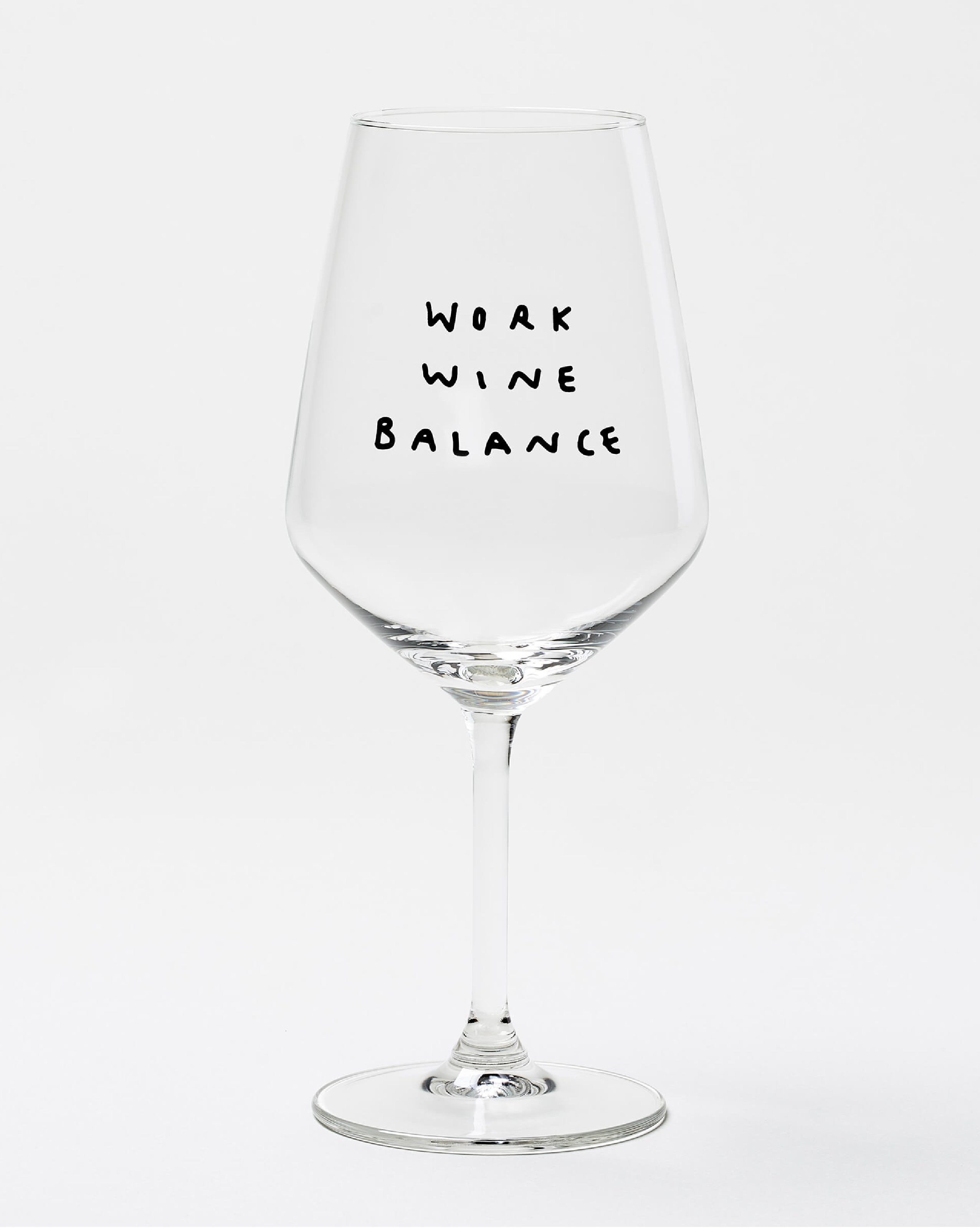 Weinglas mit Spruch „Work Wine Balance“, minimalistisches Designglas für Weinliebhaber